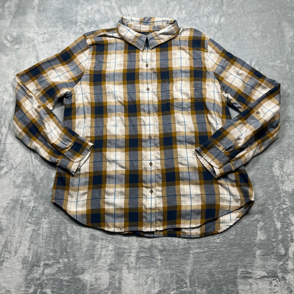 Prana Button Up Shirt Mens XL Mustard Navy Plaid‎ Flannel Long Sleeve Pocket